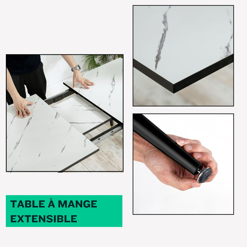 Table de salle à manger rectangulaire extensible blanche effet marbre de style scandinave pieds noir 120-160 WHALEN WHITE MARBLE STRETCH TABLE BLACK LEG