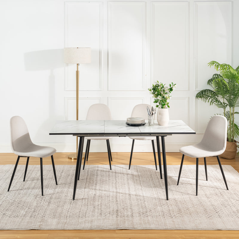 Table de salle à manger rectangulaire extensible blanche effet marbre de style scandinave pieds noir 120-160 WHALEN WHITE MARBLE STRETCH TABLE BLACK LEG