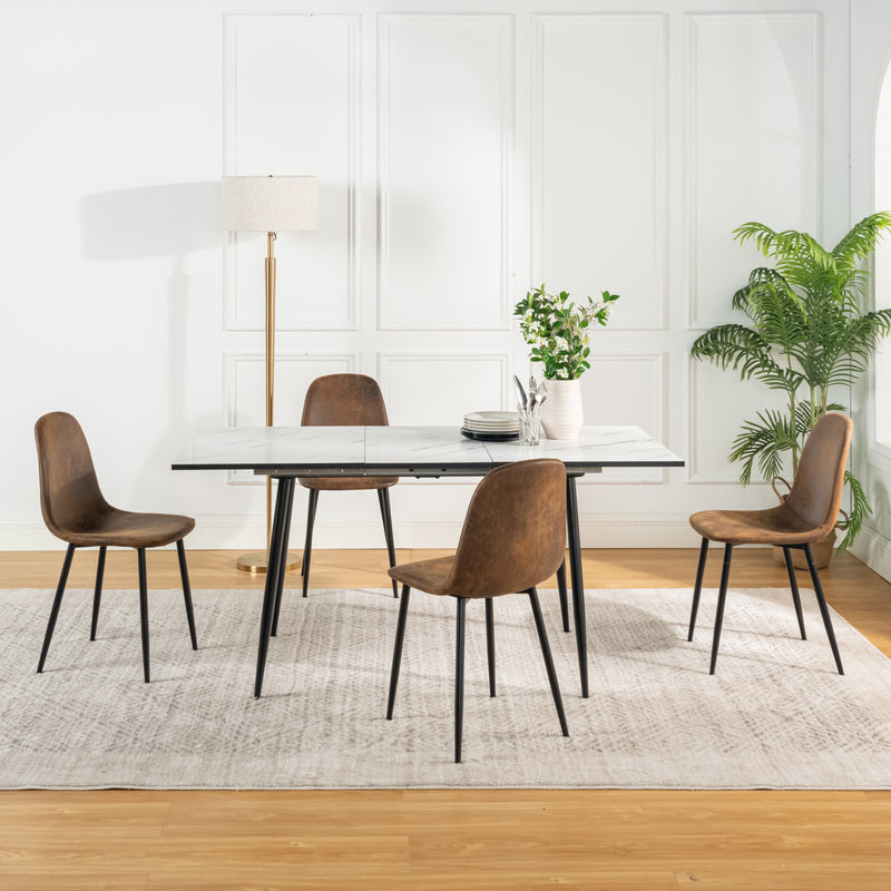 Table de salle à manger rectangulaire extensible blanche effet marbre de style scandinave pieds noir 120-160 WHALEN WHITE MARBLE STRETCH TABLE BLACK LEG