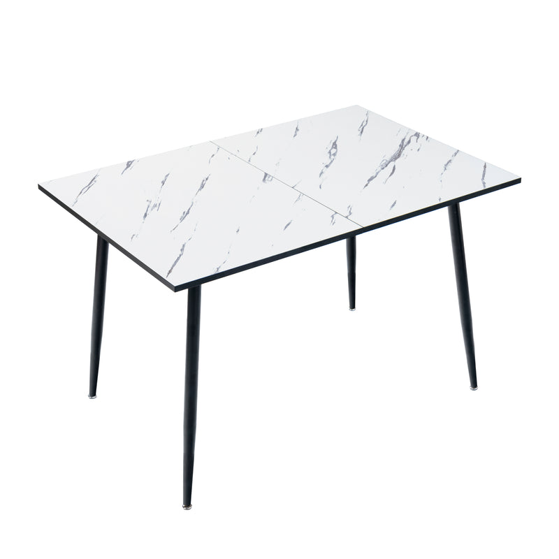 Table de salle à manger rectangulaire extensible blanche effet marbre de style scandinave pieds noir 120-160 WHALEN WHITE MARBLE STRETCH TABLE BLACK LEG