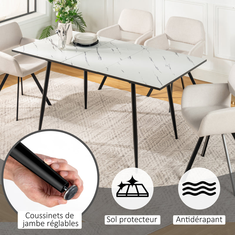Table de salle à manger rectangulaire extensible blanche effet marbre de style scandinave pieds noir 120-160 WHALEN WHITE MARBLE STRETCH TABLE BLACK LEG