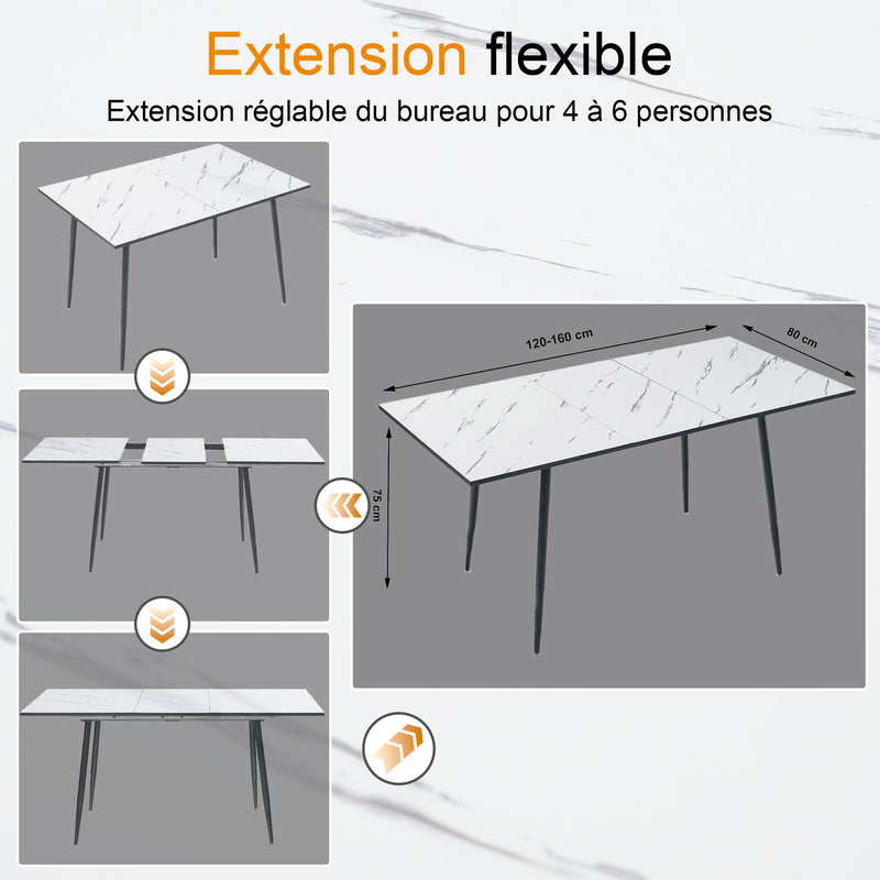 Table de salle à manger rectangulaire extensible blanche effet marbre de style scandinave pieds noir 120-160 WHALEN WHITE MARBLE STRETCH TABLE BLACK LEG