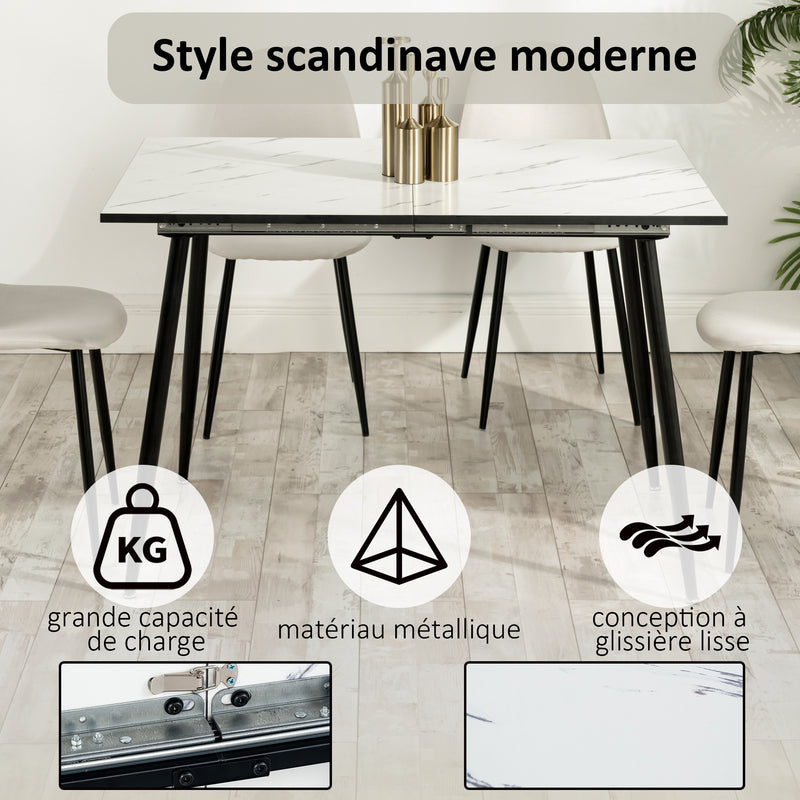 Table de salle à manger rectangulaire extensible blanche effet marbre de style scandinave pieds noir 120-160 WHALEN WHITE MARBLE STRETCH TABLE BLACK LEG