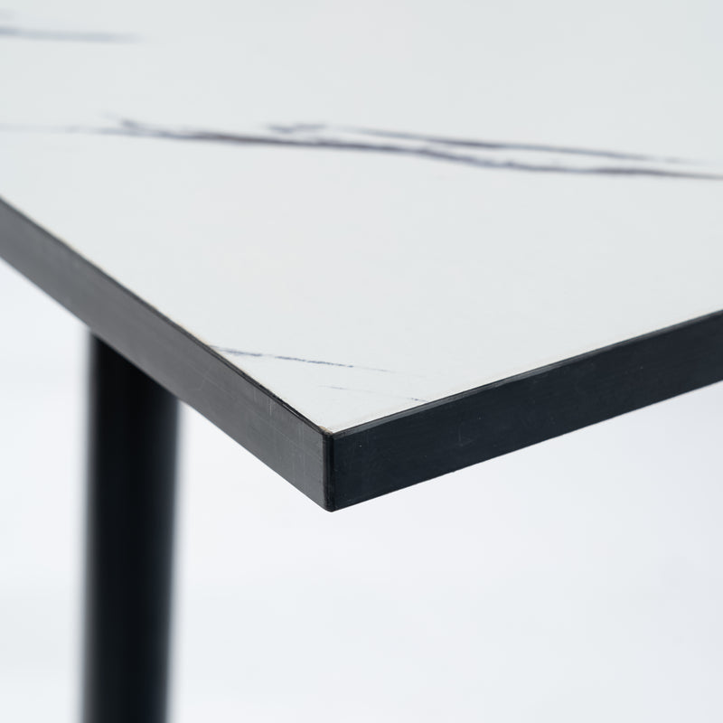 Table de salle à manger rectangulaire extensible blanche effet marbre de style scandinave pieds noir 120-160 WHALEN WHITE MARBLE STRETCH TABLE BLACK LEG