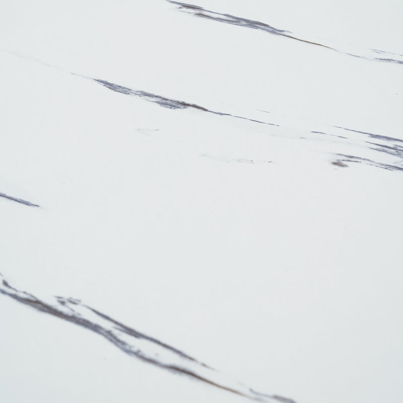 Table de salle à manger rectangulaire extensible blanche effet marbre de style scandinave pieds noir 120-160 WHALEN WHITE MARBLE STRETCH TABLE BLACK LEG