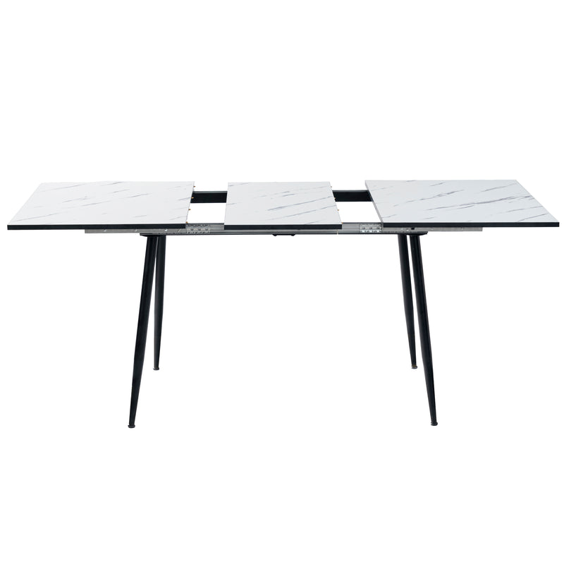 Table de salle à manger rectangulaire extensible blanche effet marbre de style scandinave pieds noir 120-160 WHALEN WHITE MARBLE STRETCH TABLE BLACK LEG