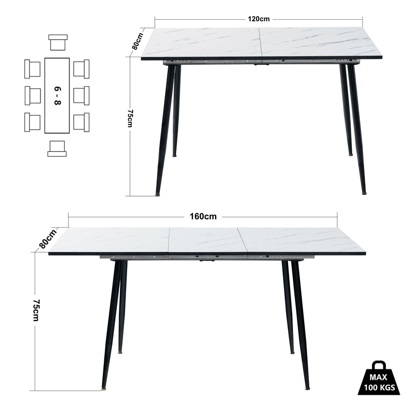 Table de salle à manger rectangulaire extensible blanche effet marbre de style scandinave pieds noir 120-160 WHALEN WHITE MARBLE STRETCH TABLE BLACK LEG