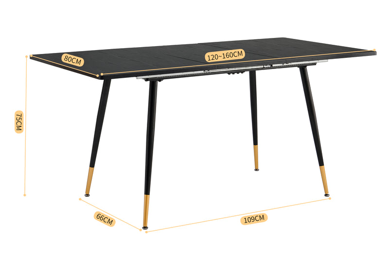 Table de salle à manger rectangulaire extensible noir effet bois de style scandinave pieds points dorés 120-160 WHALEN DARK WOOD STRETCH TABLE BG