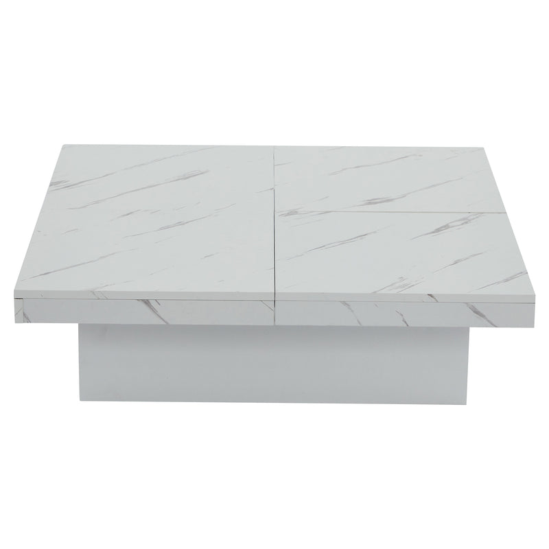 Table basse carrée moderne blanche effet marbre 4 tiroirs plateau coulissant 90x90x25cm Khekried