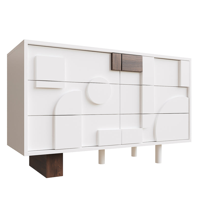 Buffet blanc effet bois façade géométrique en relief 6 tiroirs, porte push-to-pop UMPHU