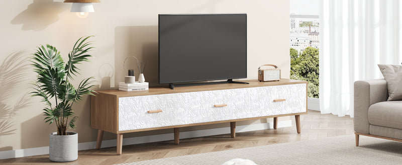 Meuble TV effet bois clair 3 tiroirs et porte blanc avec motif texturé 150x35x39cm ORKUDS