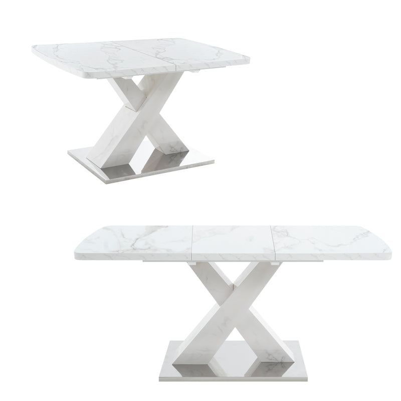 Table de salle à manger rectangulaire extensible 120-160cm, effet marbre blanc imprimé avec pied en forme X INFOCHEM