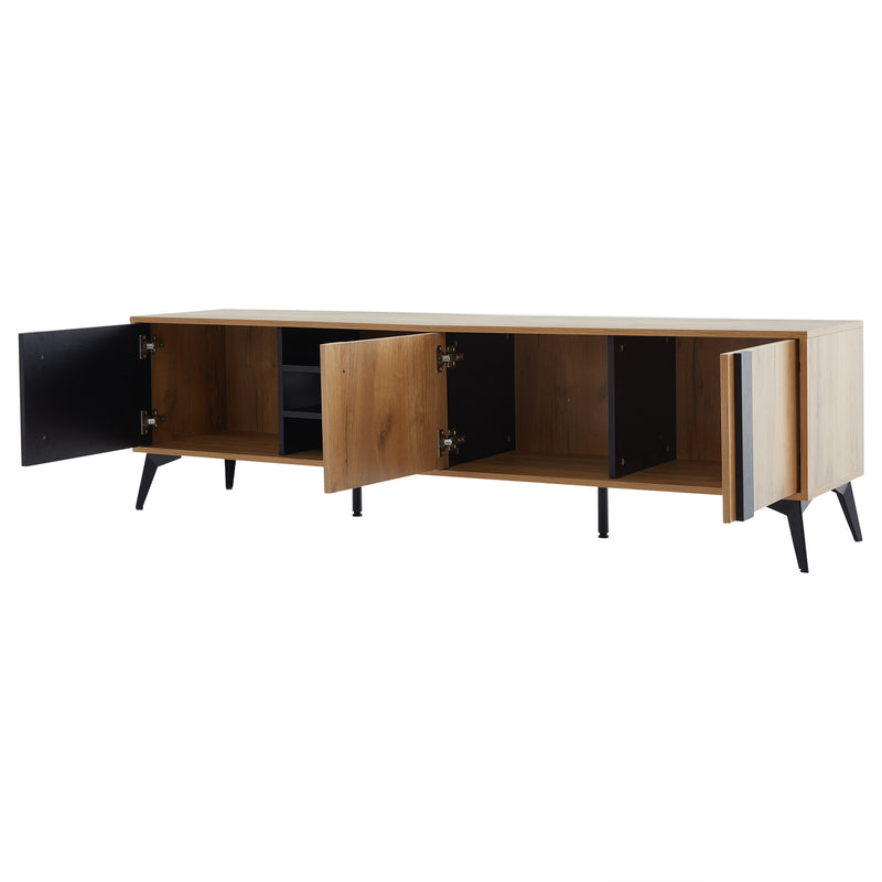 Meuble TV marron rustique effet bois et noir avec porte et compartiment ouvert ICAN