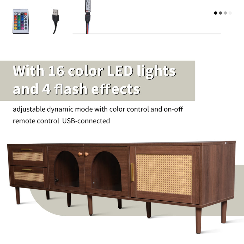 Meuble TV effet bois marron avec rangement élégant 2 tiroirs en rotin, 2 portes vitrées cintrées et 1 porte en rotin éclairage LED 180cm TRURKAN