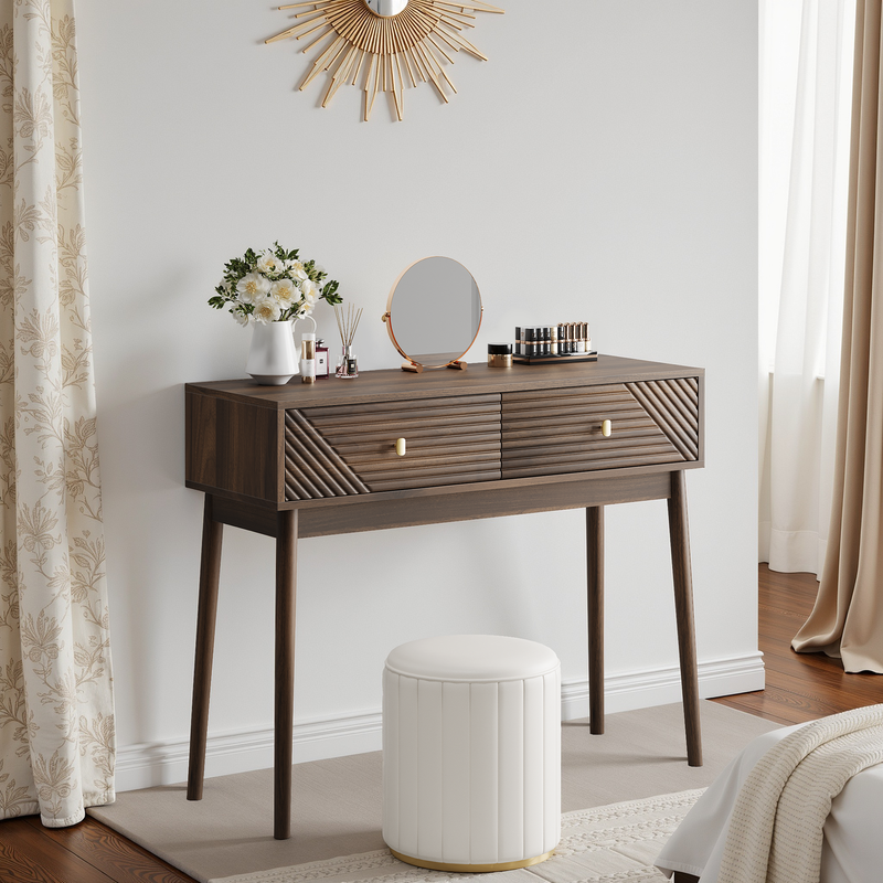 Console coiffeuse vintage avec 2 tiroirs et détails ondulés et dorés SILICABODY