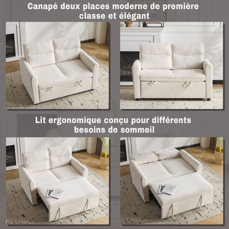 Canapé-lit convertible 2 places velours beige clair, dossier 5 positions RIDGEGLEN