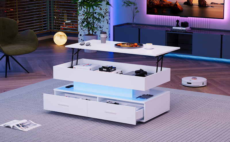 Table basse blanche plateau relevable à hauteur réglable 2 tiroirs et espace de rangement ouvert avec éclairage LED 100*50*44 cm ZAKS WHITE