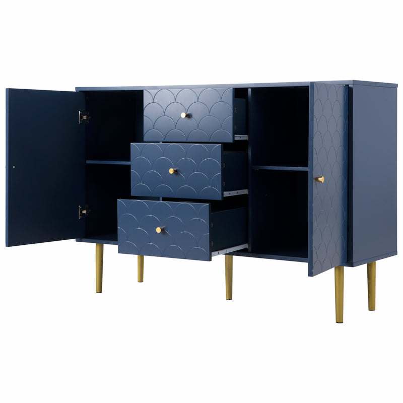 Commode buffet haut avec 2 portes 3 tiroirs bleu marine motif d&