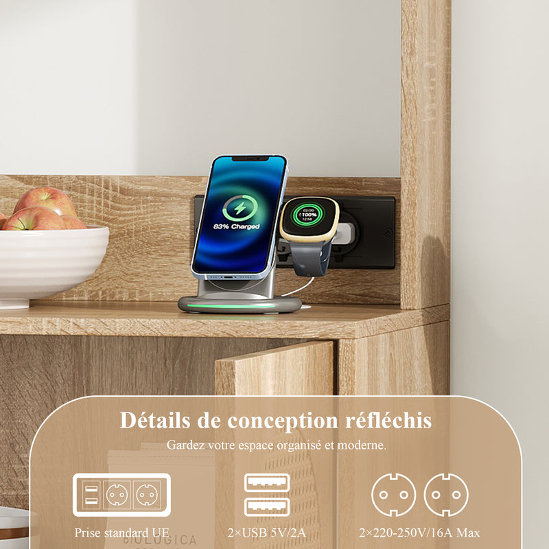 Buffet haute en MDF décor chêne naturel avec portes en rotin, prise USB intégrée PEAKFLOW