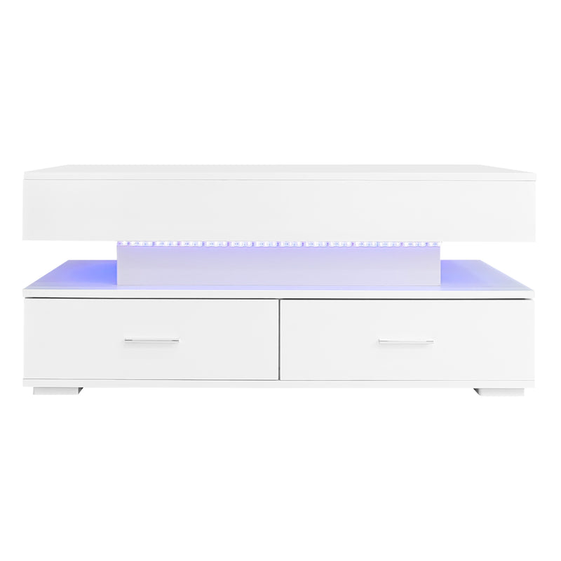 Table basse blanche plateau relevable à hauteur réglable 2 tiroirs et espace de rangement ouvert avec éclairage LED 100*50*44 cm ZAKS WHITE