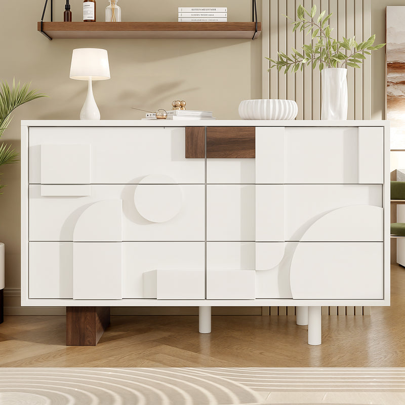 Buffet blanc effet bois façade géométrique en relief 6 tiroirs, porte push-to-pop UMPHU