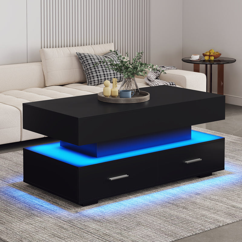 Table basse noir plateau relevable à hauteur réglable 2 tiroirs et espace de rangement ouvert avec éclairage LED 100*50*44 cm ZAKS BLACK