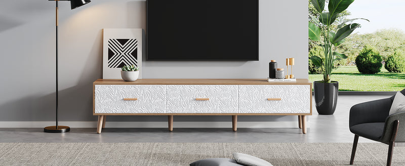 Meuble TV effet bois clair 3 tiroirs et porte blanc avec motif texturé 150x35x39cm ORKUDS