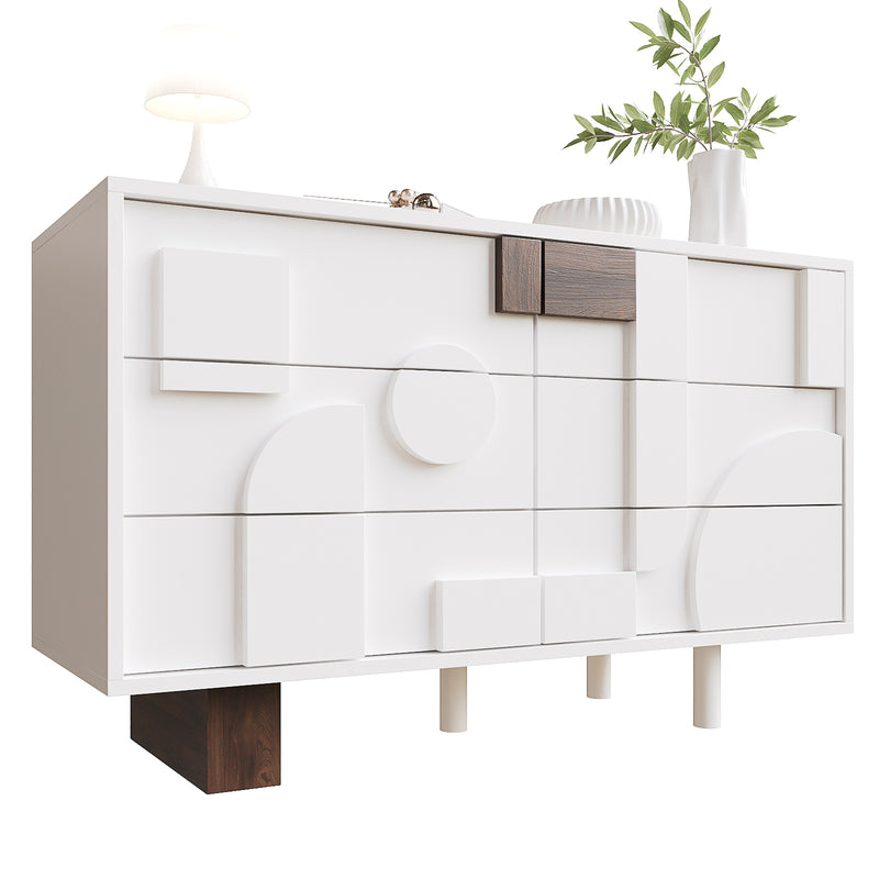 Buffet blanc effet bois façade géométrique en relief 6 tiroirs, porte push-to-pop UMPHU