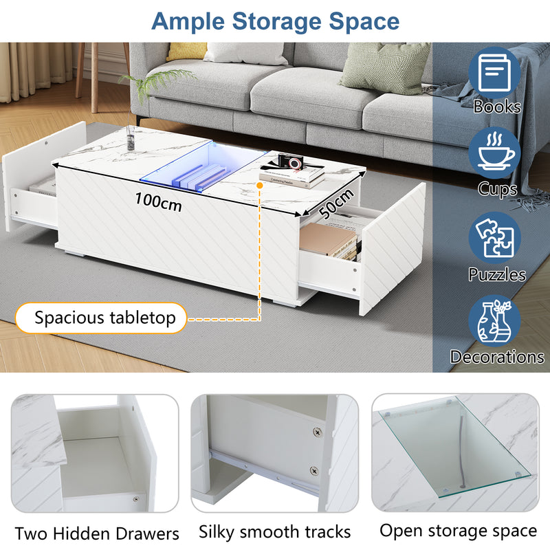 Table basse moderne blanche effet marbre, éclairage LED, élément en verre et 2 tiroirs Kregmots