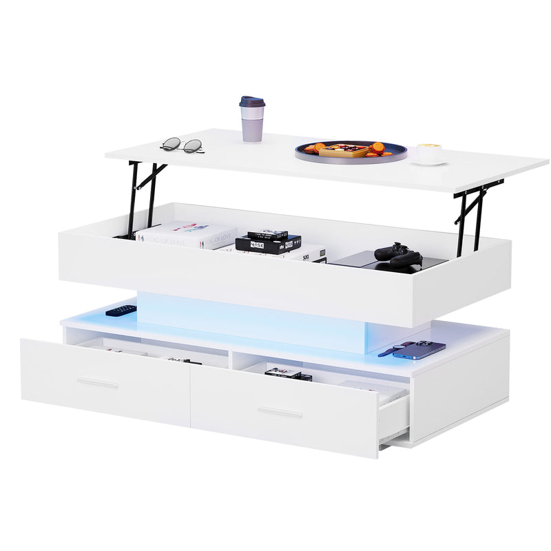 Table basse blanche plateau relevable à hauteur réglable 2 tiroirs et espace de rangement ouvert avec éclairage LED 100*50*44 cm ZAKS WHITE