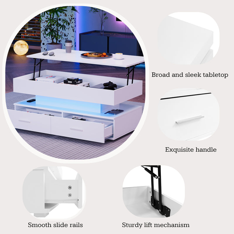 Table basse blanche plateau relevable à hauteur réglable 2 tiroirs et espace de rangement ouvert avec éclairage LED 100*50*44 cm ZAKS WHITE