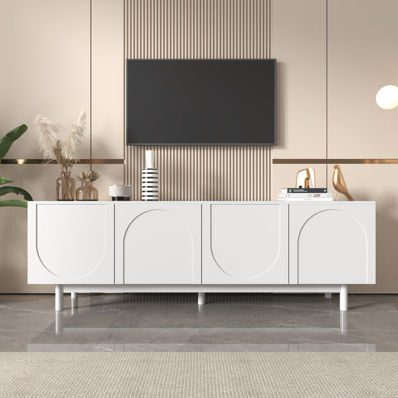 Meuble TV blanc style luxe portes texturées forme de U AEKRON