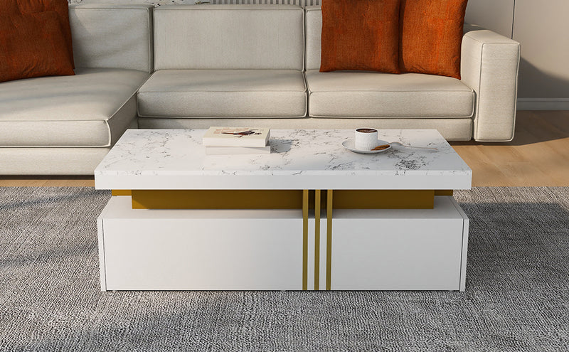 Table basse rectangulaire effet marbre blanche brillante avec 2 tiroirs 100*50*40 cm GEVREITS WHITE