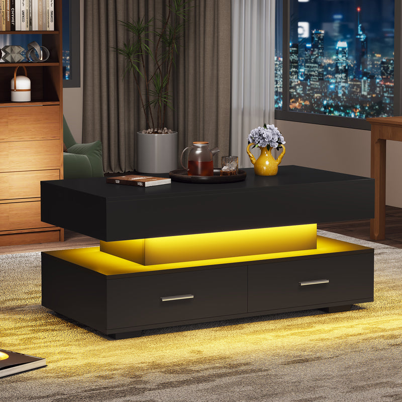 Table basse noir plateau relevable à hauteur réglable 2 tiroirs et espace de rangement ouvert avec éclairage LED 100*50*44 cm ZAKS BLACK