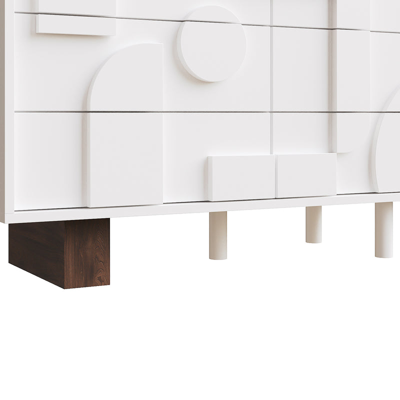 Buffet blanc effet bois façade géométrique en relief 6 tiroirs, porte push-to-pop UMPHU
