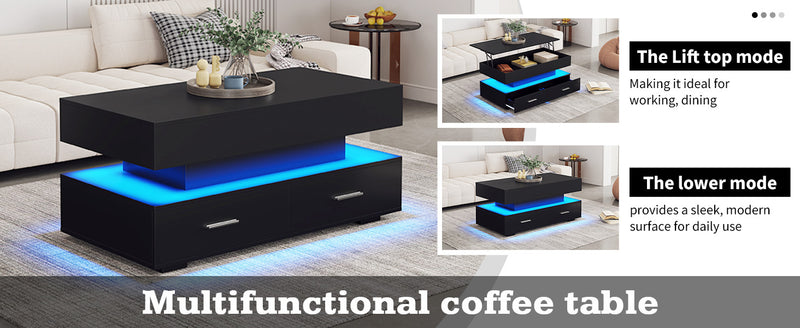 Table basse noir plateau relevable à hauteur réglable 2 tiroirs et espace de rangement ouvert avec éclairage LED 100*50*44 cm ZAKS BLACK