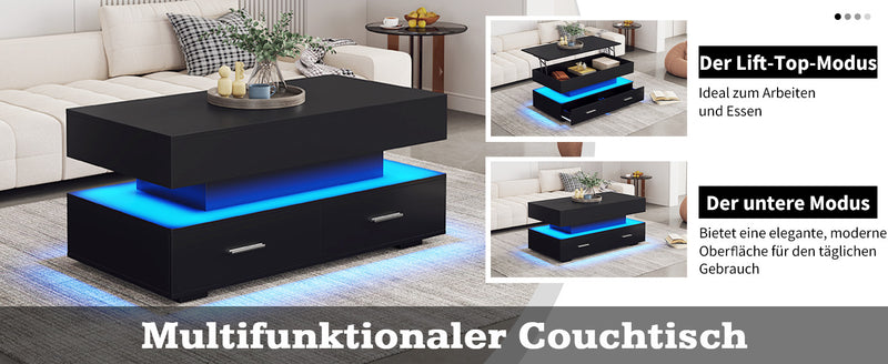 Table basse noir plateau relevable à hauteur réglable 2 tiroirs et espace de rangement ouvert avec éclairage LED 100*50*44 cm ZAKS BLACK