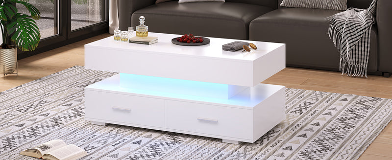 Table basse blanche plateau relevable à hauteur réglable 2 tiroirs et espace de rangement ouvert avec éclairage LED 100*50*44 cm ZAKS WHITE