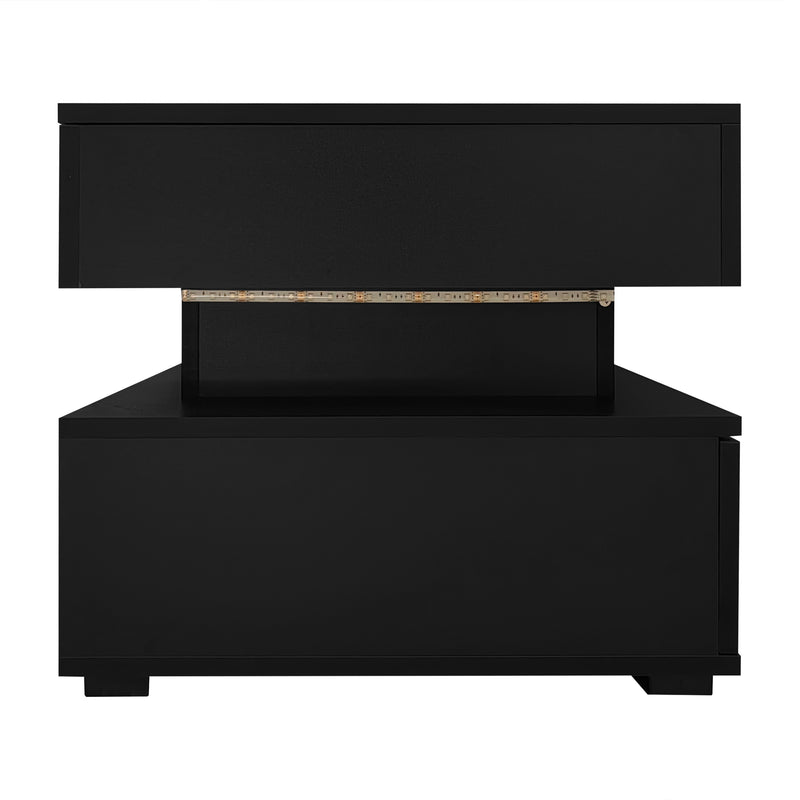 Table basse noir plateau relevable à hauteur réglable 2 tiroirs et espace de rangement ouvert avec éclairage LED 100*50*44 cm ZAKS BLACK