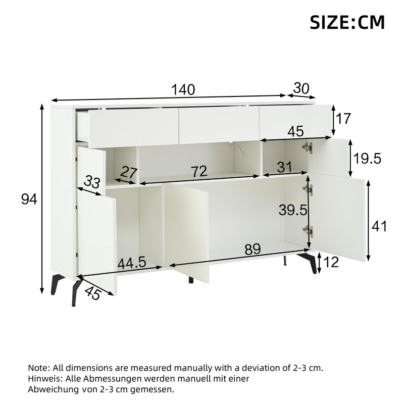 Buffet blanc brillant niche au centre avec éclairage LED intelligent 3 tiroirs 5 portes SEPTAL