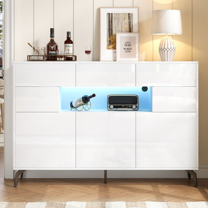 Buffet blanc brillant niche au centre avec éclairage LED intelligent 3 tiroirs 5 portes SEPTAL