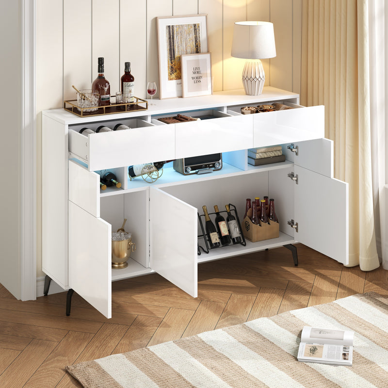 Buffet blanc brillant niche au centre avec éclairage LED intelligent 3 tiroirs 5 portes SEPTAL