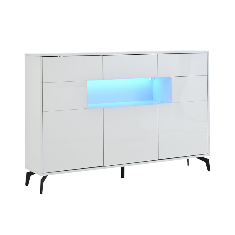 Buffet blanc brillant niche au centre avec éclairage LED intelligent 3 tiroirs 5 portes SEPTAL