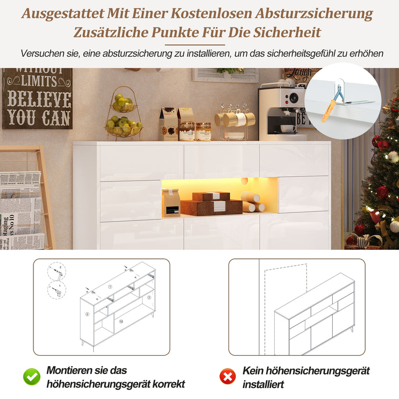 Buffet blanc brillant niche au centre avec éclairage LED intelligent 3 tiroirs 5 portes SEPTAL