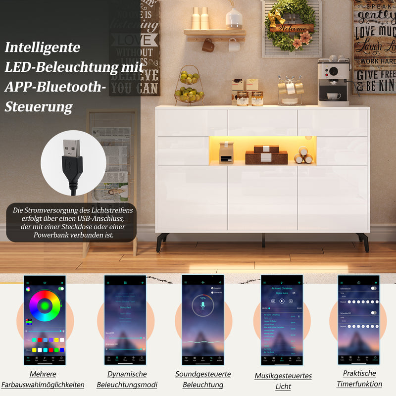 Buffet blanc brillant niche au centre avec éclairage LED intelligent 3 tiroirs 5 portes SEPTAL