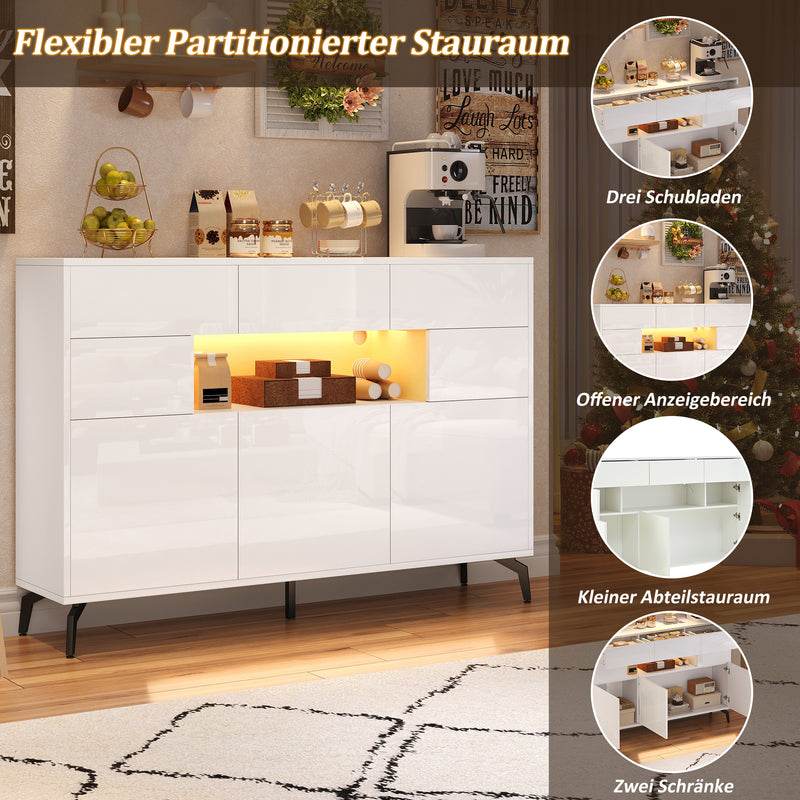 Buffet blanc brillant niche au centre avec éclairage LED intelligent 3 tiroirs 5 portes SEPTAL