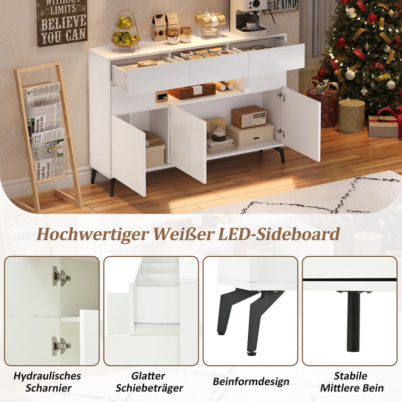 Buffet blanc brillant niche au centre avec éclairage LED intelligent 3 tiroirs 5 portes SEPTAL