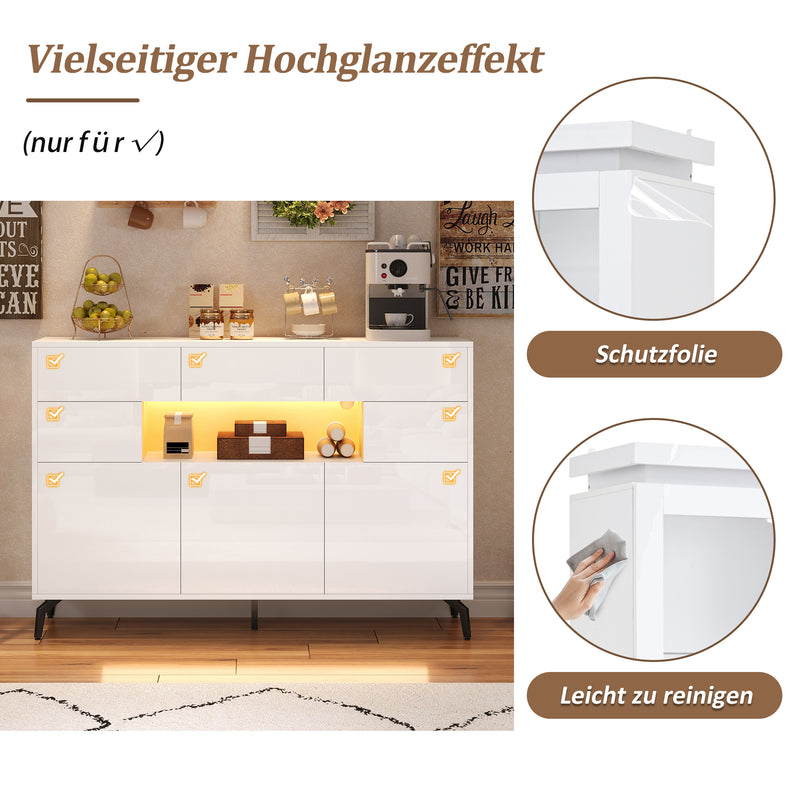 Buffet blanc brillant niche au centre avec éclairage LED intelligent 3 tiroirs 5 portes SEPTAL