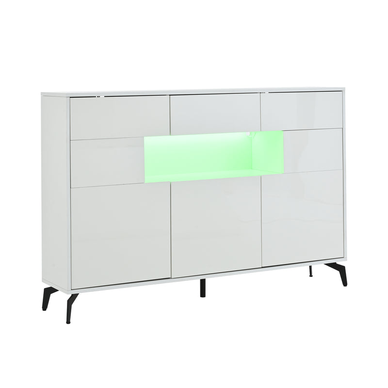 Buffet blanc brillant niche au centre avec éclairage LED intelligent 3 tiroirs 5 portes SEPTAL