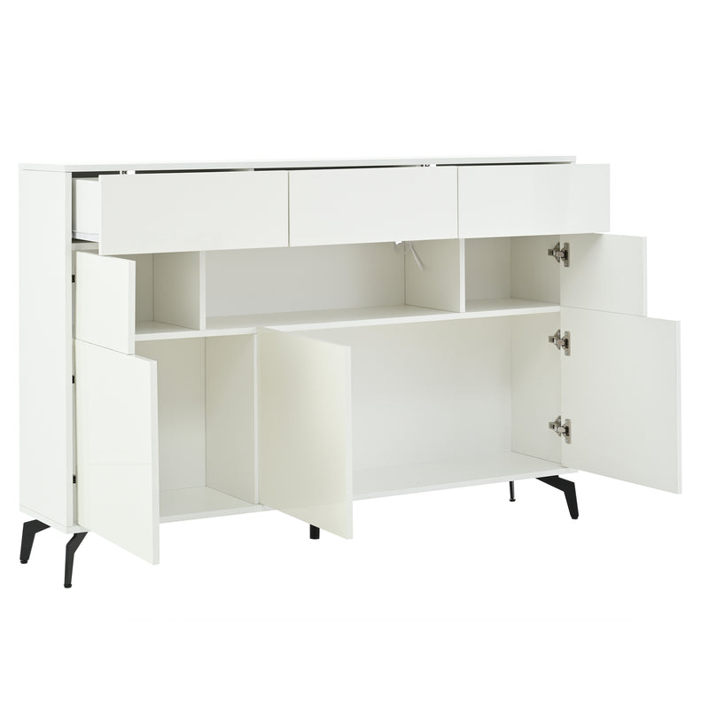 Buffet blanc brillant niche au centre avec éclairage LED intelligent 3 tiroirs 5 portes SEPTAL